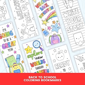 Peut inclure: Une collection de marque-pages rectangulaires en papier présentant des dessins au trait en noir et blanc à colorier. Les marque-pages incluent des illustrations sur le thème de l'école comme des sacs à dos, des livres, des étoiles et du texte.