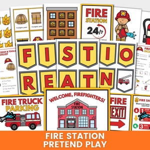 May include: A collection of colorful printable fire station pretend play materials. Includes signs, checklists, a fire truck, and a fire station building. The text includes "Fire Station", "Fire Truck Parking", and "Welcome, Firefighters!"