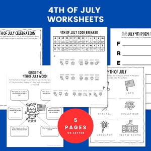 May include: A collection of five US Letter-sized worksheets with 4th of July themes. The worksheets include activities such as a code breaker, a poem, and word puzzles. The title "4TH OF JULY WORKSHEETS" is displayed at the top.