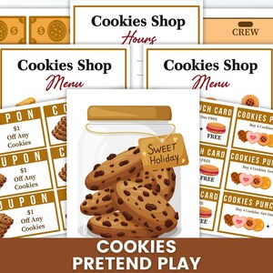May include: A collection of pretend play cookie shop printables. Includes menus, coupons, punch cards, and a jar of chocolate chip cookies with a "Sweet Holiday" tag. The theme is cookies.