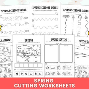 May include: A set of spring-themed cutting worksheets for children. The worksheets include activities such as scissor skills practice, pattern recognition, and sorting exercises. The pages are illustrated with spring-related images like bees, flowers, and trees. The title "SPRING CUTTING WORKSHEETS" is displayed at the bottom.