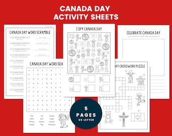 Schede di attività per la Festa del Canada per bambini, giochi stampabili per la Festa del Canada, cruciverba, cerca l'oggetto, attività per bambini del 1° luglio in formato PDF