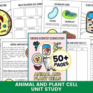May include: Educational printable pages for an animal and plant cell unit study. The pages include diagrams of cell structures, vocabulary cards, and word searches. The cover features a goat and the text "50+ pages".