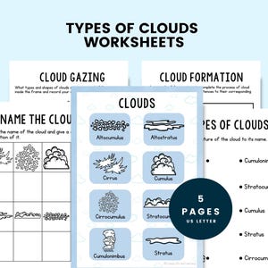 May include: A set of educational worksheets titled "Types of Clouds Worksheets." The worksheets cover cloud gazing, formation, and naming. The pages feature illustrations of cloud types, including Altocumulus and Cirrus. The set includes 5 pages, US Letter size.
