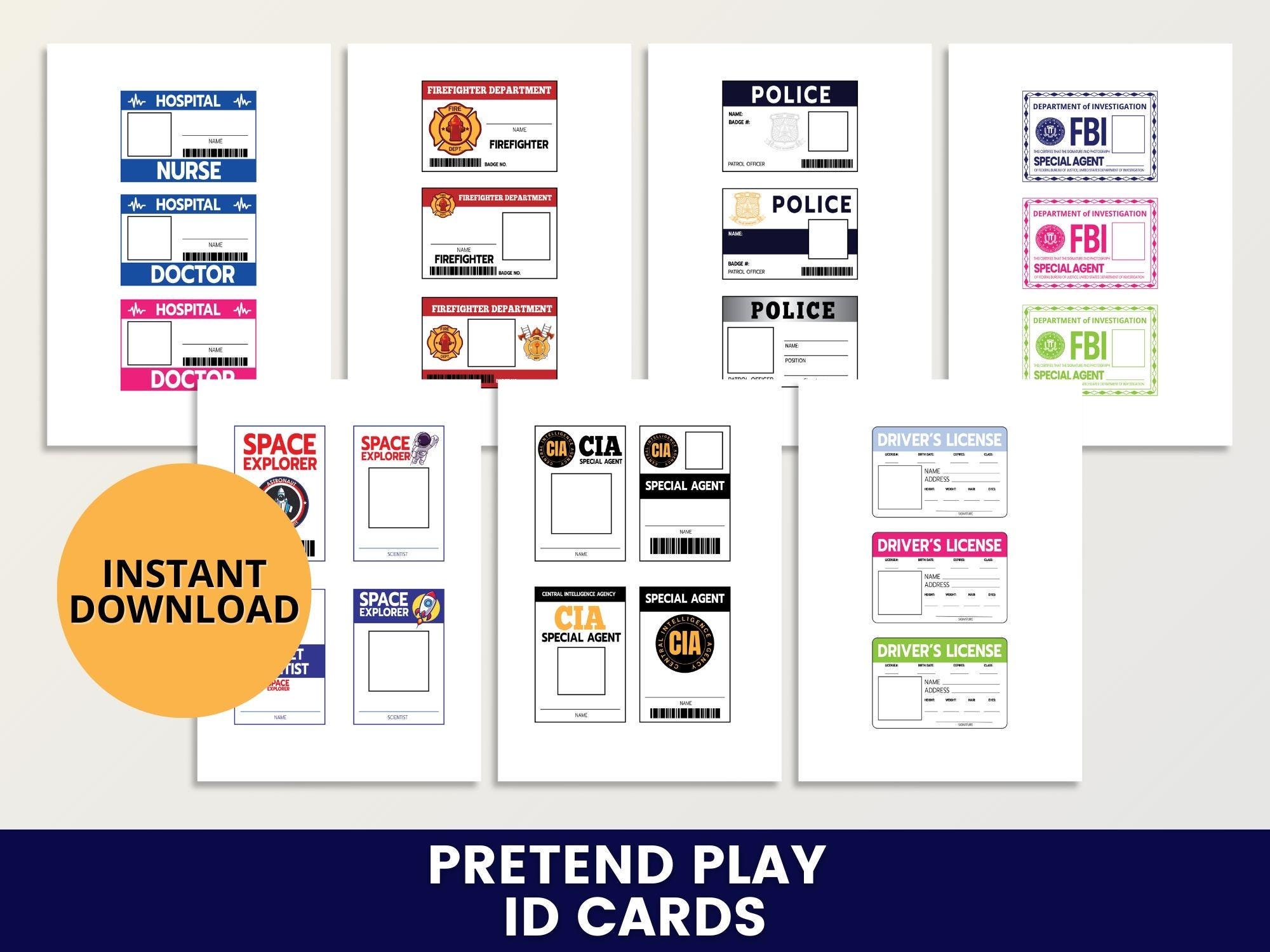 Playid Examples Pretend Play ID Cards Printable | Community Helper Badges | Dramatic ...