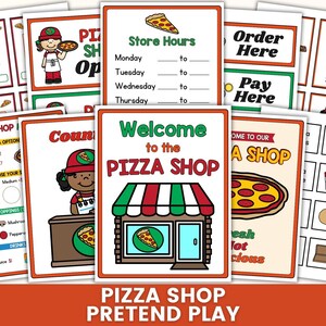 May include: A collection of colorful pizza shop pretend play printables. Includes signs with text like "Welcome to the Pizza Shop", "Order Here", and "Pay Here". Also features a menu, store hours, and pizza slice options.