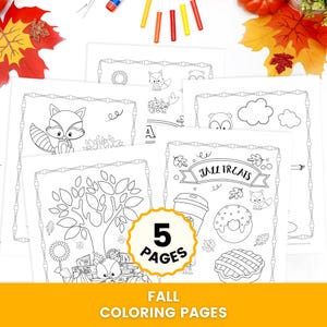 May include: Five white paper colouring pages featuring black line art illustrations of autumn themes including a fox, a tree, a doughnut, a pie, and a coffee cup. One page includes the text "FALL TREATS" and a central badge reads "5 PAGES".
