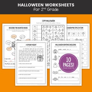 Peut inclure: Un ensemble de 10 feuilles d'exercices éducatives en noir et blanc sur le thème d'Halloween pour les élèves de CE1. Les pages incluent des activités comme I Spy, la construction de phrases, la multiplication et la lecture d'histoires.