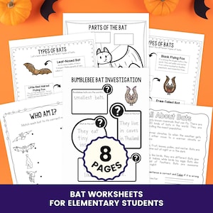 Peut inclure: Un ensemble de huit fiches pédagogiques sur les chauves-souris pour élèves du primaire, avec des illustrations en noir et blanc, des schémas et du texte incluant des titres comme Parts of the Bat, Types of Bats et Bumblebee Bat Investigation.