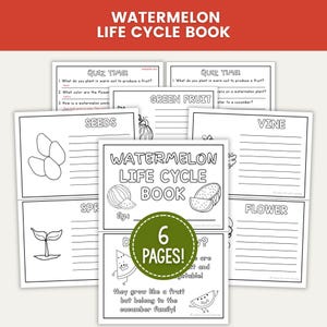 Może przedstawiać: Sześciostronicowa książeczka edukacyjna zatytułowana Watermelon Life Cycle Book, zawierająca czarno-białe ilustracje liniowe i tekst do kolorowania. Strony zawierają sekcje dotyczące nasion, pnączy, kwiatów i kiełków oraz quizy i fakty.