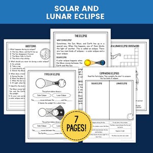 May include: A set of seven educational worksheets titled Solar and Lunar Eclipse, featuring black and white diagrams, multiple-choice questions, a crossword puzzle, and comparison charts explaining the alignment of the Sun, Moon, and Earth.