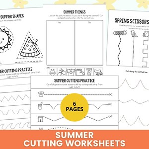 May include: Summer-themed cutting worksheets with six pages. The worksheets feature summer shapes, cutting practice, and spring scissors skills. The pages include images of a sun, watermelon, and summer-related items. The worksheets are designed for children.