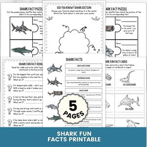 Puede incluir: Un conjunto imprimible de cinco páginas titulado Shark Fun Facts con actividades educativas. Las páginas incluyen rompecabezas de tiburones, una hoja de acertijos, una tabla de identificación con ilustraciones y una página de dibujo.