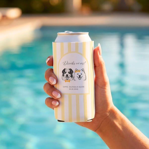Personalized Dog Can Cooler, Wedding Beer Hugger, Bach Custom Cozie, Engagement Party Favor- K2V8M5