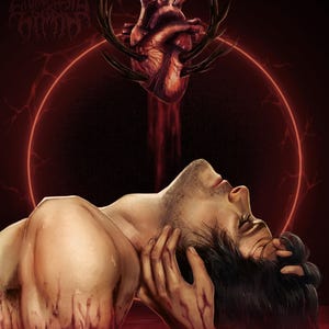 May include: Digital art depicting a person submerged in red liquid, with a realistic heart above, adorned with dark, branch-like structures. The artwork has a dark, gothic theme, with a red circular glow in the background.