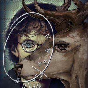 Puede incluir: Impresión de arte digital que presenta a una persona con gafas y un ciervo. El rostro de la persona es parcialmente visible, con un círculo blanco y números superpuestos. El ciervo tiene grandes cuernos y pelaje marrón. Fondo azul a cuadros.