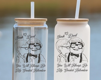Personalized Up Movie Glass Cup, Carl and Ellie Iced Coffee Cup, My Greatest Adventure Disney Gift, Wedding Present