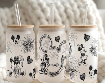 Gepersonaliseerde Mickey en Minnie glazen beker, custom Disney ijskoffiekop