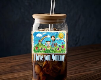 Custom Kid's Drawing Can Glass Tumbler, Personalized Child Art Drinkware, Unique Artwork Iced Glassware, Gift for Parents