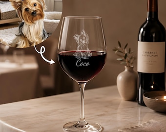 Personalized Pet Portrait Engraved Wine Glass, Custom Name Dog - Cat Photo Wine Cup, Pet Mom Drinkware, Pet Loss Memorial Gift