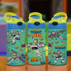 May include: Three water bottles with a blue, green, and yellow color scheme. Each bottle features a cartoon design of Buzz Lightyear and other characters from Toy Story. One bottle has the name "ALEX" printed on it.