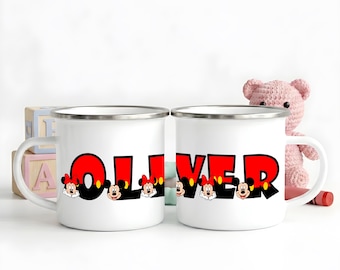 Kubek emaliowany z napisem Disney, spersonalizowany kubek kempingowy dla dzieci z alfabetem kreskówkowym, monogramowany prezent dla dzieci w formie przyborów szkolnych