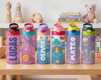 Custom Cute Design Optional Insulated Water Flask Bottle, Personalized Name Kids School Tumbler, Toddler First Day Of School Gift
