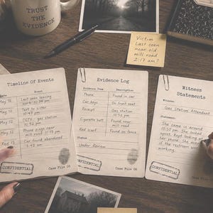 May include: A detective-themed mystery game set featuring three paper documents titled Timeline of Events, Evidence Log, and Witness Statements. The scene includes a coffee mug, a magnifying glass, a notebook, a newspaper clipping, and handwritten notes.