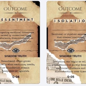 May include: Four rectangular cards with a vintage paper aesthetic, each titled OUTCOME and SHADOW TRUTH. The cards feature the terms EMOTIONAL COLLAPSE, RESENTMENT, ISOLATION, and WITHDRAWAL, accompanied by descriptive text, an eye icon, and numbers 0-03 to 0-06.
