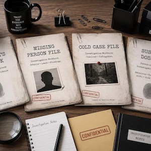 Może przedstawiać: Kolekcja czterech zeszytów śledczych zatytułowanych Detective's Casebook, Missing Person File, Cold Case File i Suspect Dossier, wraz z lupą, notatnikiem spiralnym, długopisem i czarnym kubkiem z białym napisem.