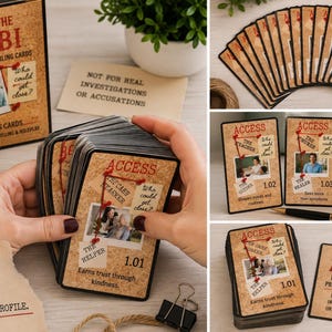 Peut inclure: Jeu de cartes de profilage comportemental Behind the Alibi avec une boîte texturée liège et des cartes d'accès individuelles. Chaque carte présente une photo, un graphique de fil rouge et du texte comme The Helper, The Teacher ou The Healer.