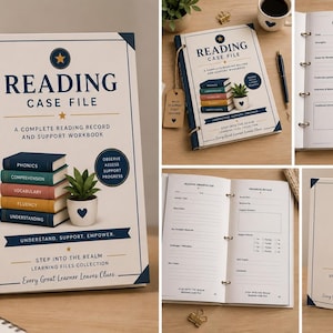 Op de afbeelding: Een Reading Case File werkboek met een crèmekleurige kaft, marineblauwe rug en gouden steraccenten. De kaft bevat een stapel boeken, een plant in een pot en de tekst Reading Case File, A Complete Reading Record and Support Workbook.