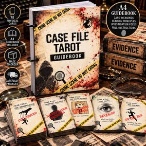 以下が含まれることがあります： 犯罪現場をテーマにした「Case File Tarot」ガイドブック。フードを被った人物、虫眼鏡、黄色の立ち入り禁止テープが描かれています。セットには「The Manipulator」「Unknown Subject」「The Silent Witness」などのタイトルが記された78枚のカードが含まれています。