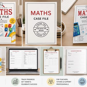 May include: A Maths Case File assessment and intervention record book featuring a white cover with red text, a blue calculator, geometric shapes, and a yellow protractor. The set includes interior pages for tracking student progress, targets, and success.