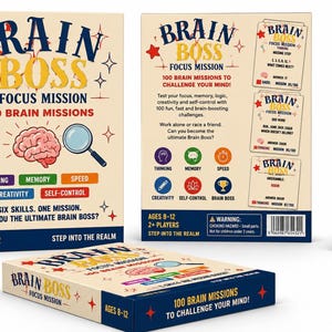 Op de afbeelding: Een Brain Boss Focus Mission kaartspelset in een crèmekleurige doos met blauwe en rode tekst, een roze hersenillustratie en een vergrootglas. De doos toont 100 hersenmissies, zes vaardigheidscategorieën en de leeftijdsindicatie 8-12 jaar.