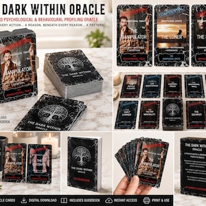 May include: The Dark Within Oracle deck featuring 49 psychological and behavioral profiling cards with a black marble design. Includes a guidebook, individual cards labeled with traits like The Manipulator, The Loner, and The Sly One, and a box.
