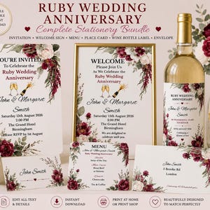 Ruby Wedding Anniversary Invitation Bundle, Red Stationery Set, 40th Table Decor, Welcome Sign