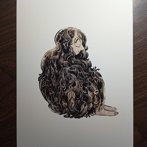 May include: Illustration of a seated figure with long, flowing hair and a detailed, textured body. The artwork is primarily black and beige, with a focus on intricate linework and a contemplative expression. The figure's feet are visible.