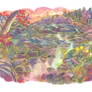 以下が含まれることがあります： 岩場を流れる川のある風景の水彩イラスト。人が岩の上に立って水面を見下ろしています。木々、花、カラフルな空が描かれており、柔らかく夢のような雰囲気です。
