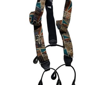 Vintage zijden en leren bretels met abstract kunstpatroon