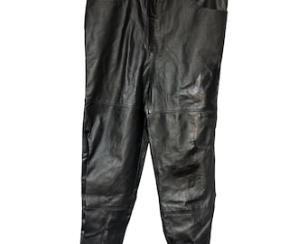 Pantaloni in pelle Clio II da donna, taglia 16, neri, affusolati, a vita alta, stile motociclista Y2K