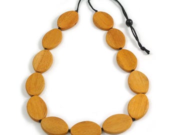 Charming Honey Yellow Wooden Necklace with Oval Beads - 96cm Max Length - Adjustable