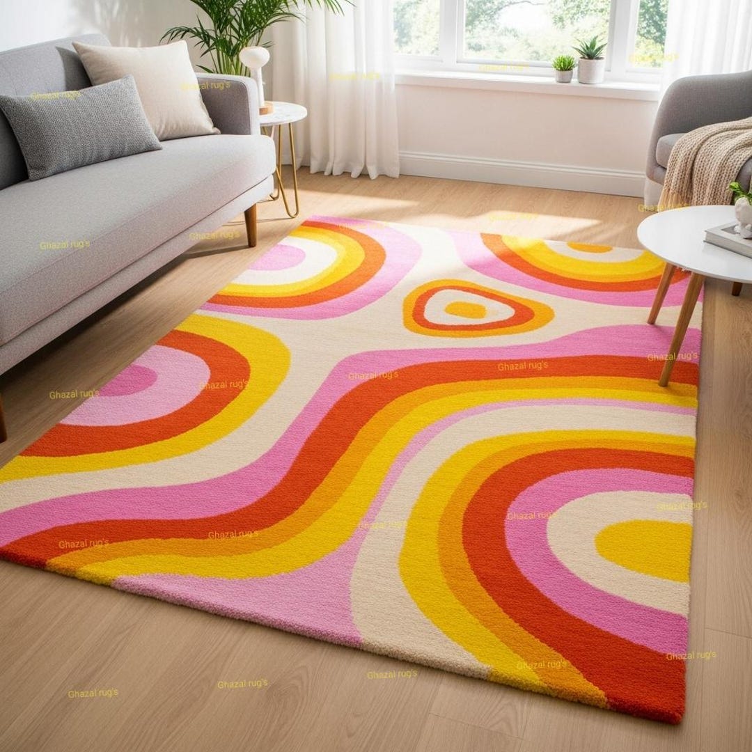 Pink Rainbow Pattern Rug Retro Rainbow Abstract Rug, Hand Tufted Wool Rug, Colorful Modern Area ...