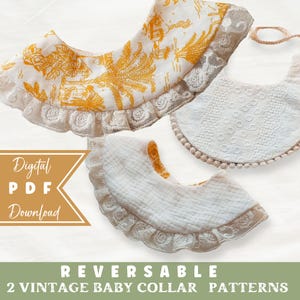 Op de afbeelding: Drie omkeerbare babykraagpatronen worden getoond. Eén is wit met een kanten rand, een andere is wit met een gele tropische print en kanten rand, en de derde is wit met een gestructureerd ontwerp en kanten rand. De woorden "Digital PDF Download" zijn zichtbaar.
