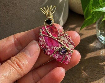 Red Sea Sediment Jasper Necklace - Bold Wire Wrapped Stone With Purple Gem Accent