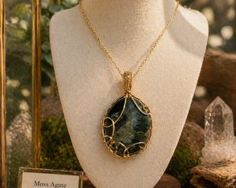 Moss Agate Wire Wrapped Pendant | Gold Swirl Nature Jewelry