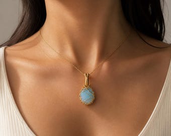 Opalite Wire Wrapped Pendant Necklace | Gold Wire, Blue Glow Stone, Minimalist Jewelry