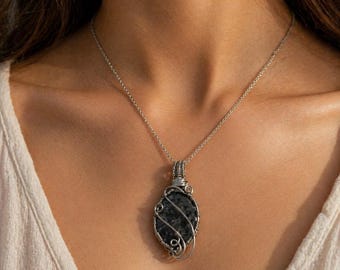 Wire Wrapped Larvikite Pendant | Dark Crystal Necklace, Silver Jewelry, Grounding Stone