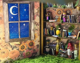 Biblioteca em miniatura com um cantinho de leitura encantador ao luar | Decoração de fantasia feita à mão
