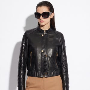 Women's real python skin trim genuine leather luxury bespoke bomber jacket